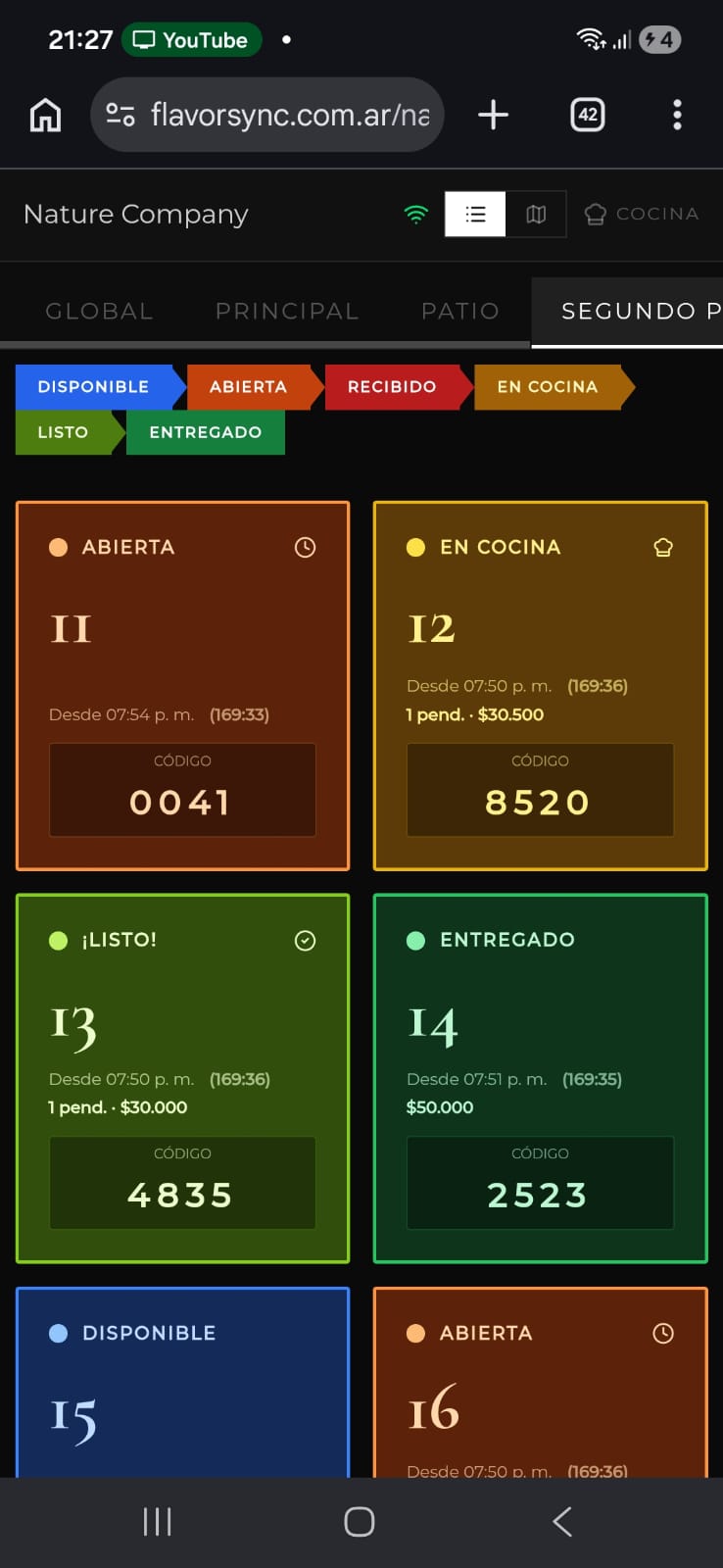 Vista de salón en celular para mozos